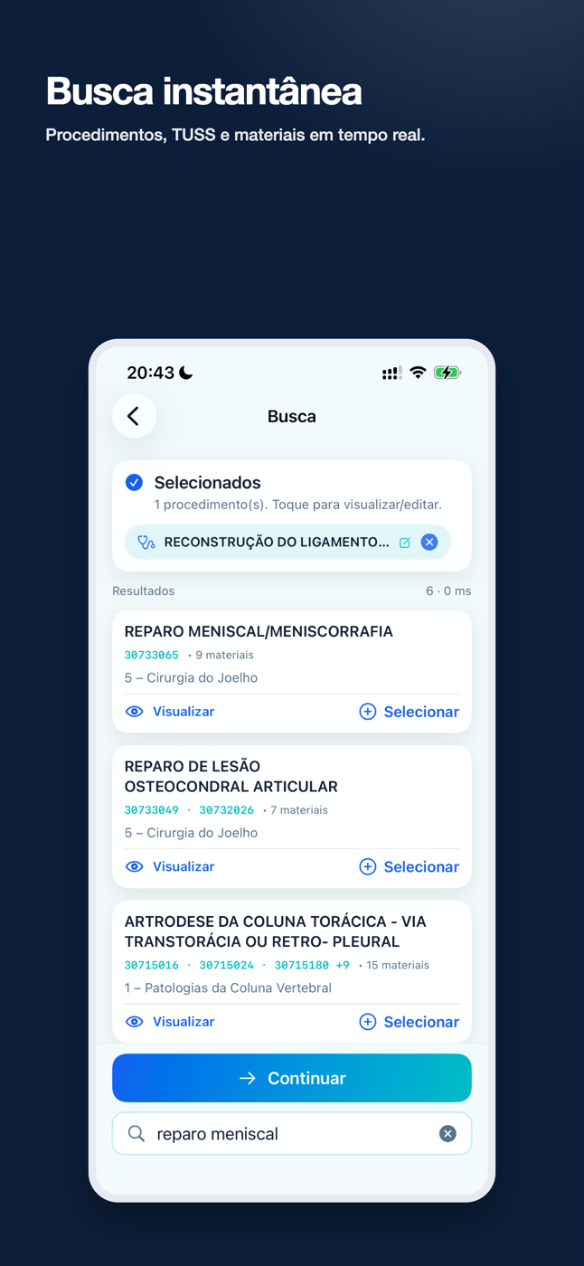 Tela de busca instantânea mostrando resultados de procedimentos com códigos TUSS