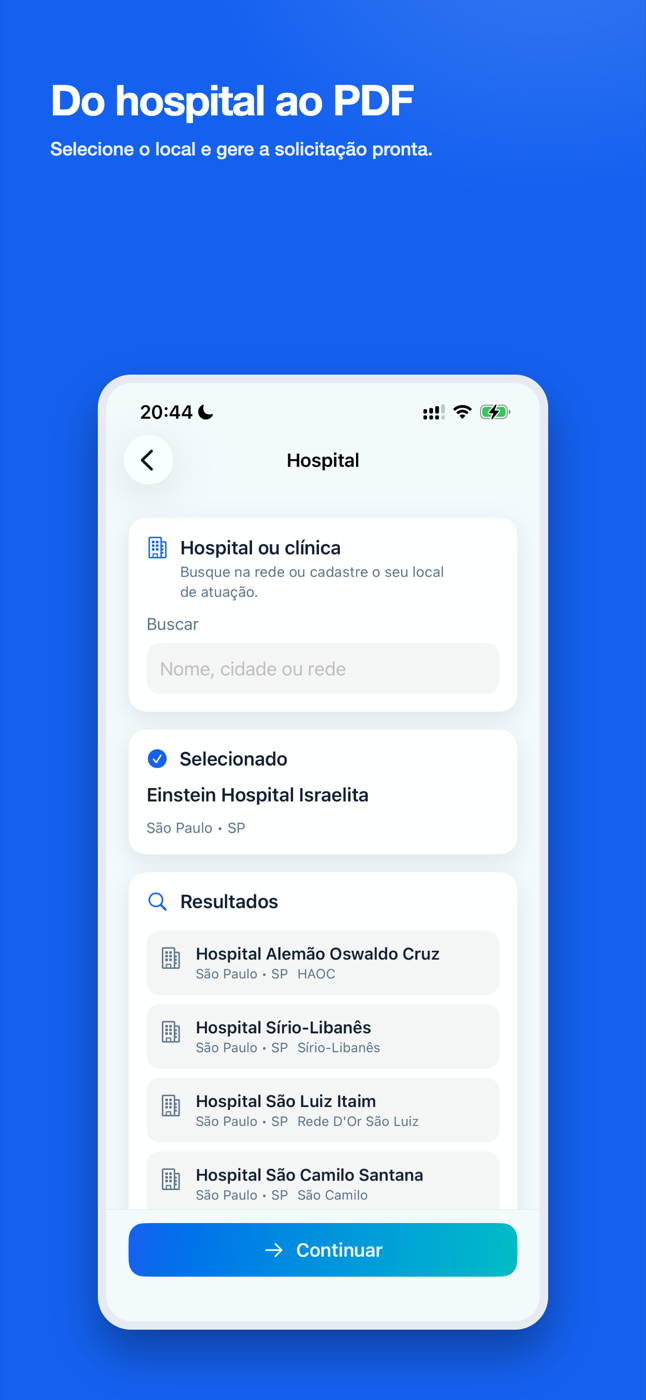 Tela de seleção de hospital com busca na rede e local de atuação