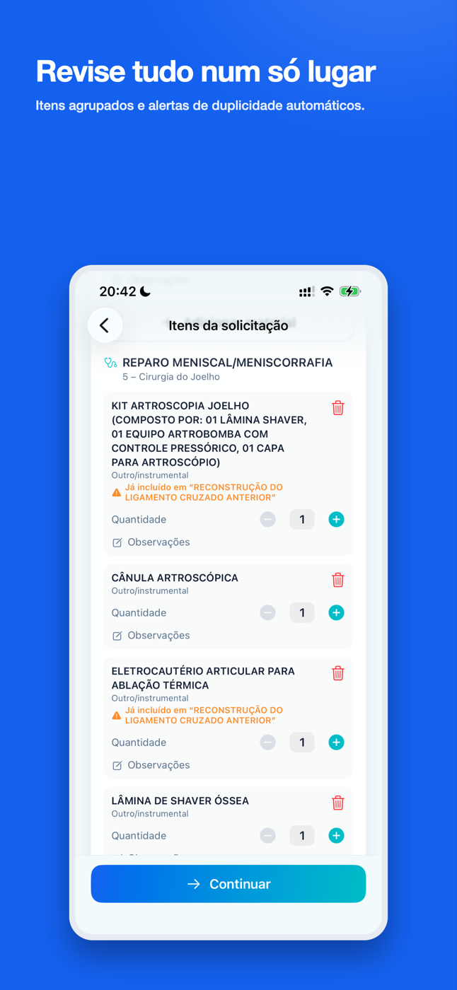 Tela de itens da solicitação com alertas de duplicidade e ajuste de quantidade