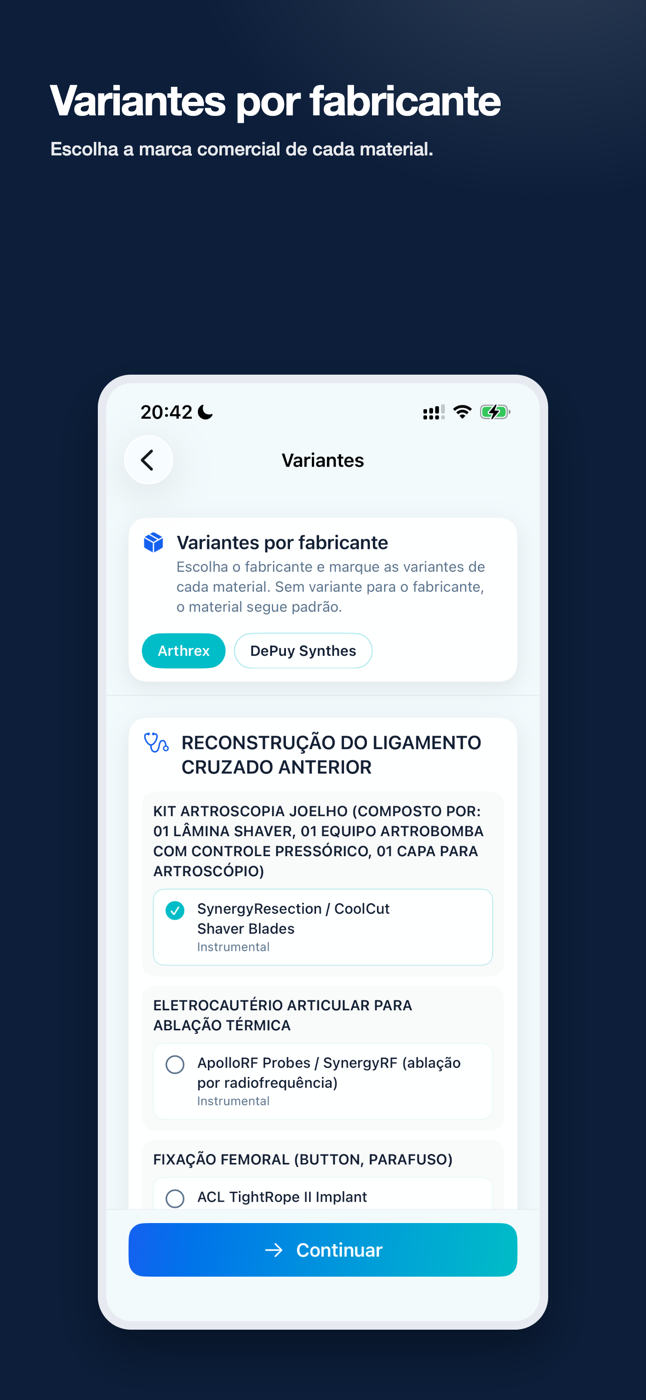 Tela de variantes por fabricante com seleção de marca comercial de cada material